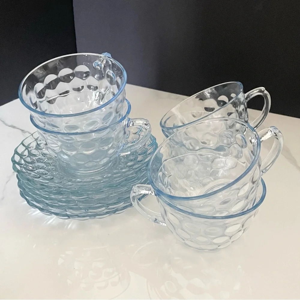 11 Piece SET - Blue Bubble Glass Cups & Saucers by Anchor Hocking
